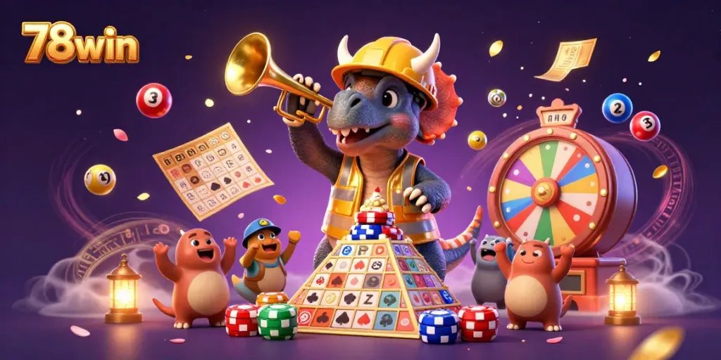 Join the excitement at 78win with a lively scene of a triceratops celebrating as it builds its chip pyramid.