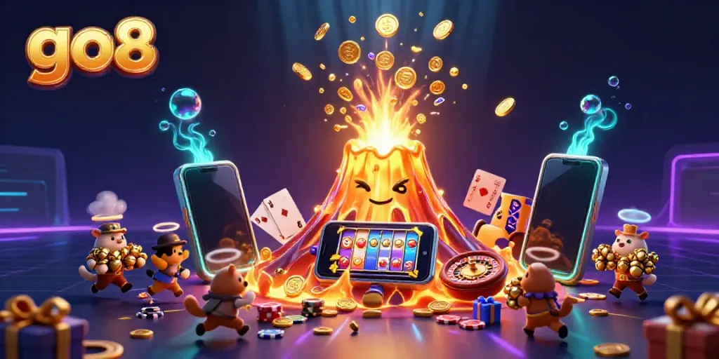 Experience go8's thrilling victory as a golden volcano erupts treasures in a vibrant casino adventure.