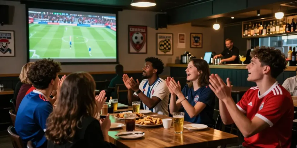 Fans cheering for live football match with drinks and snacks in a vibrant sports bar, captivating scene of excitement and team spirit.