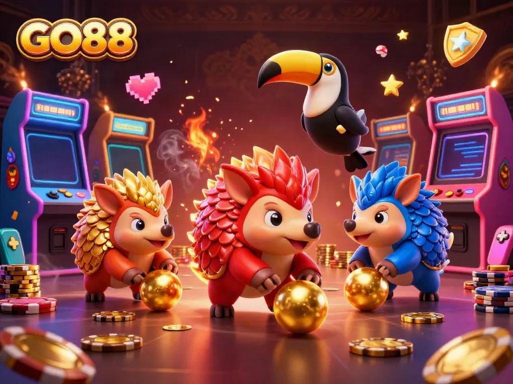 Experience thrilling gameplay at GO88 with animated pangolins competing amidst glowing arcade games and vibrant casino elements.