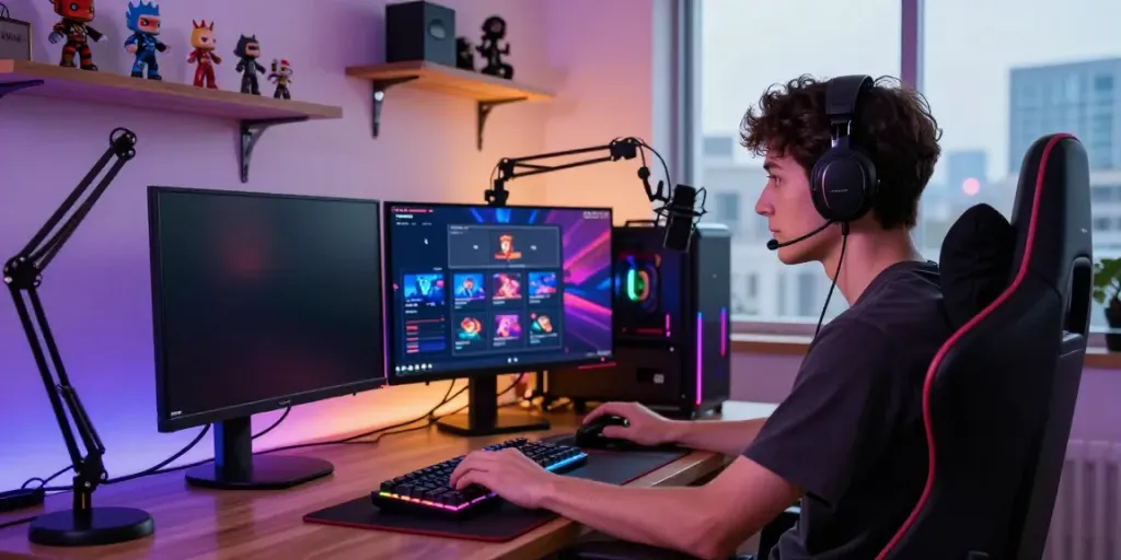Intense gamer using mod apk on dual-monitor setup in modern home office.