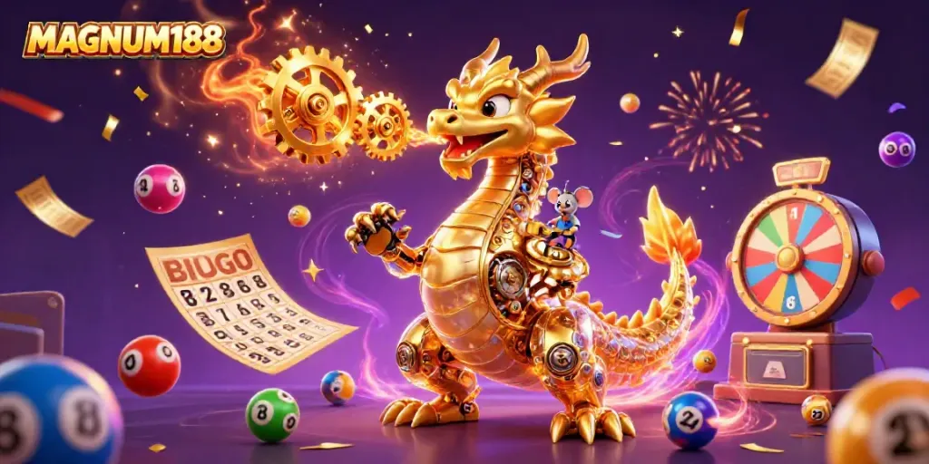 Experience MAGNUM188 with a dynamic illustration of a golden dragon and casino elements.
