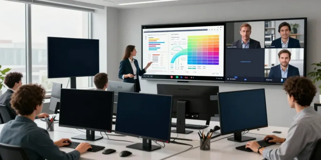 Deepfake protected Online Video Calls, Meetings and Conferencing scene with professionals collaborating via video conference.