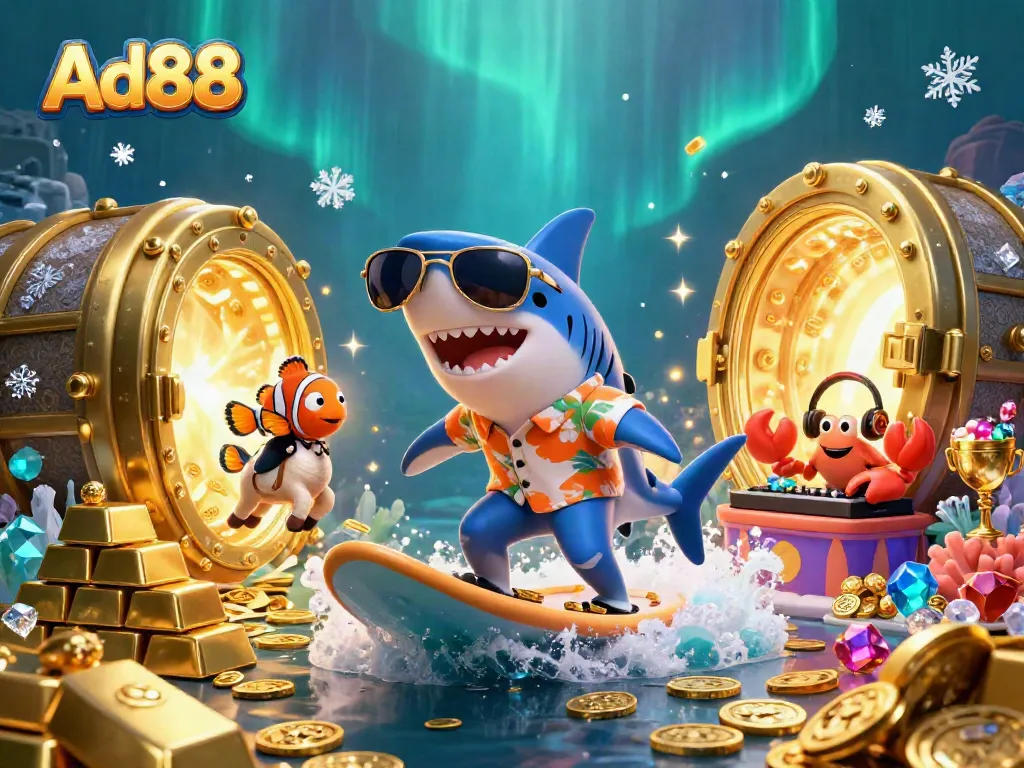 Experience exciting gaming with Ad88 as a hammer-head shark rides a wave of gold coins in a lively underwater scene.