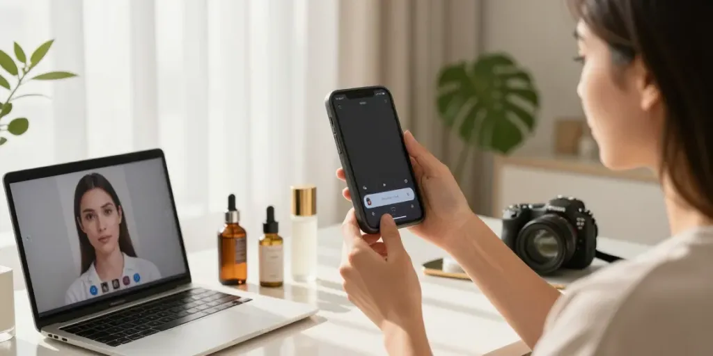 Exploring alternatives to QOVES through a facial analysis app in a stylish home setting.