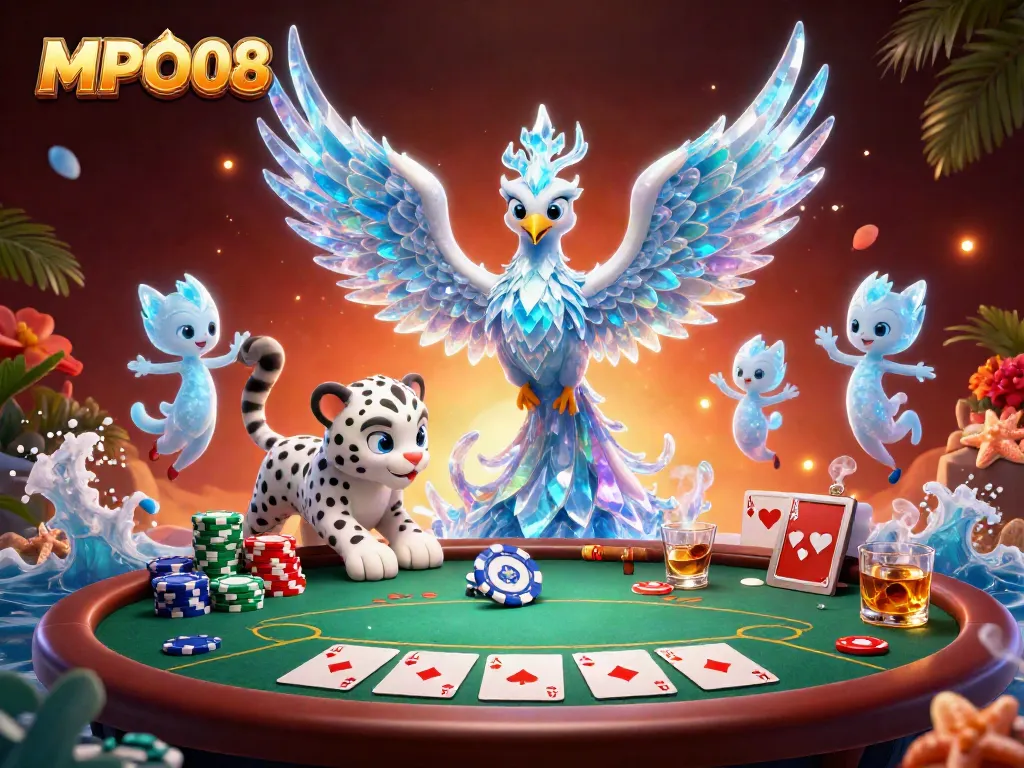The MPO08 online gaming experience features an ice phoenix and snow leopard cub amidst poker chips and community cards.