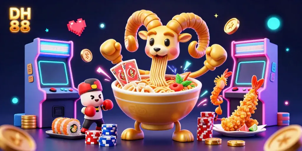 Engaging 3D illustration of characters representing DH 88 engaging in casino fun with gaming elements, showcasing vibrant energy.