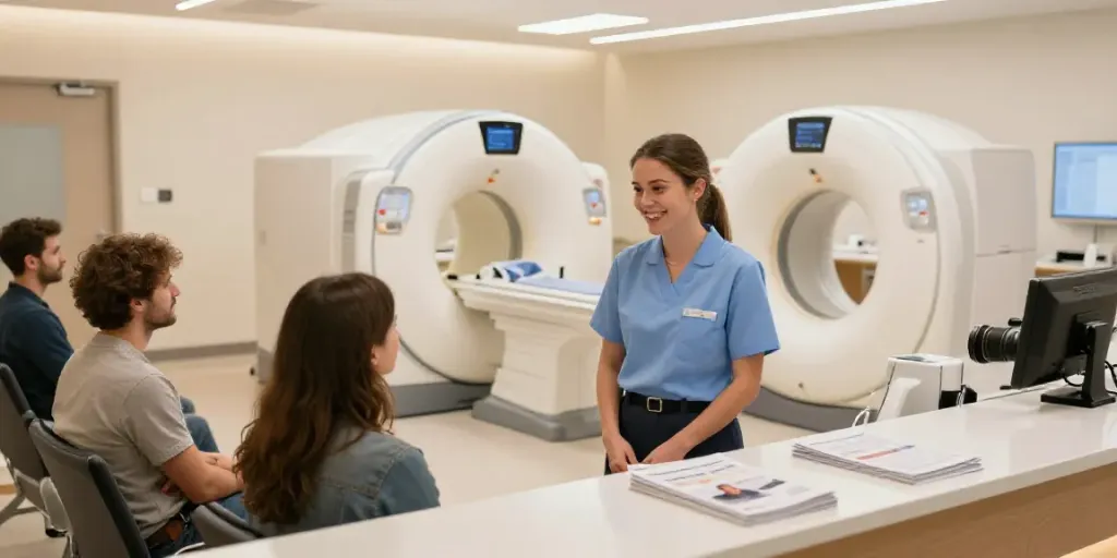 Modernes Diagnostikzentrum Wolfsburg mit einladendem Empfang und modernen Geräten.