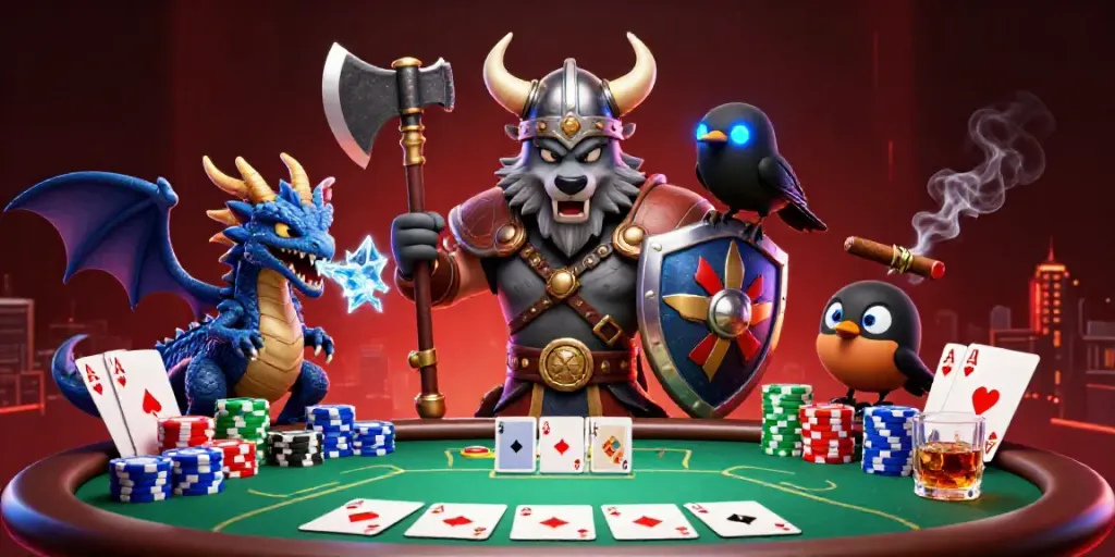 Experience thrilling poker action at UU88 with Viking warrior and dragon in an ultra-detailed illustration.