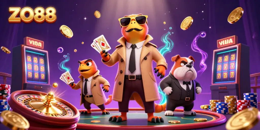 Engage in thrilling VIP experiences with ZO88, featuring vibrant casino elements and whimsical characters.