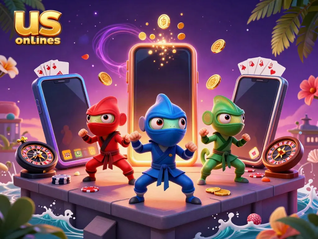 Experience thrilling action with us online casinos as colorful chameleon ninjas showcase martial arts moves amidst slot games and casino elements.