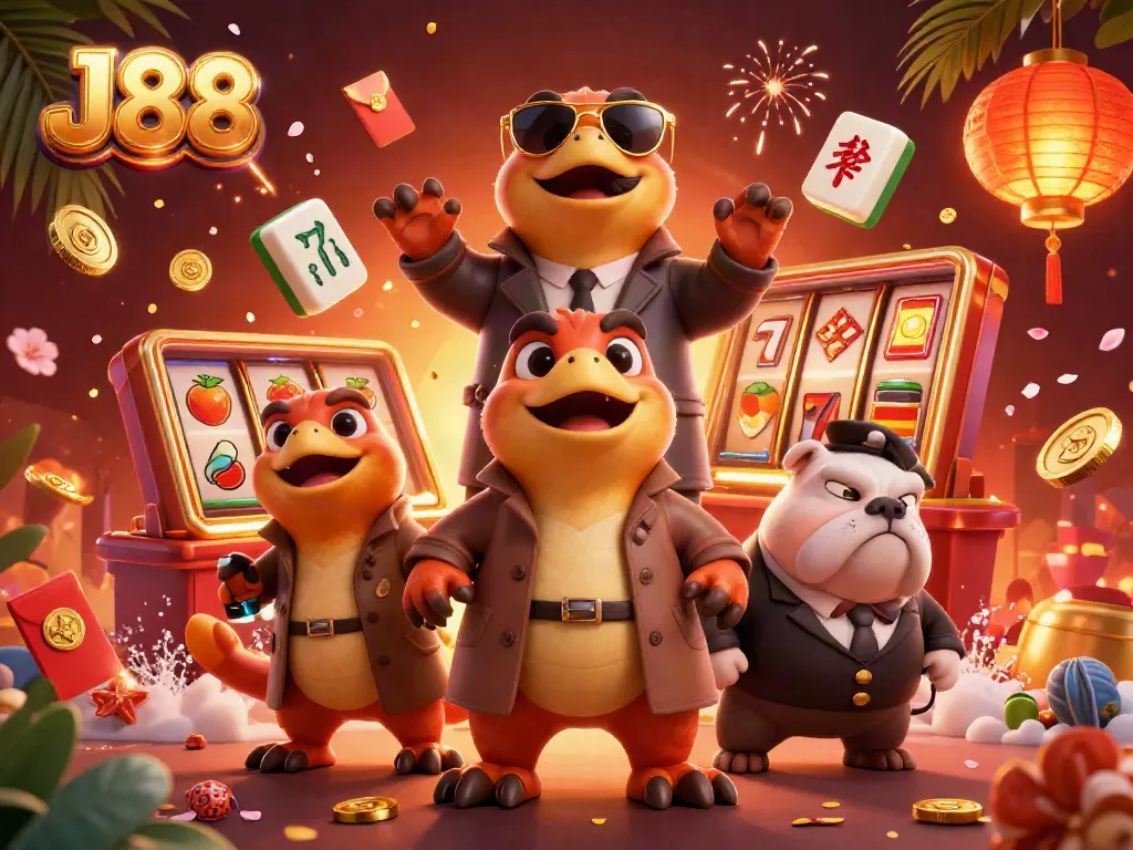 Watch three raptors in a trench coat attempt to enter a VIP lounge at a vibrant J88 casino.