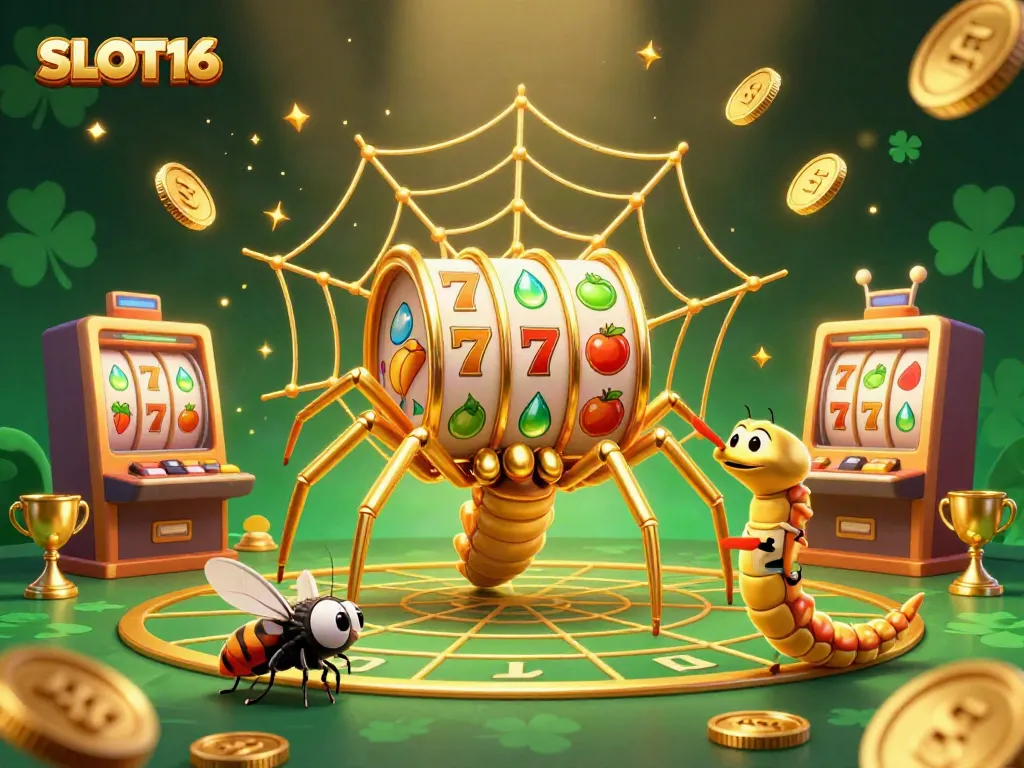 SLOT16 spins a thrilling moment with a golden spider and fruit-themed slot machine web in a vibrant casino atmosphere.