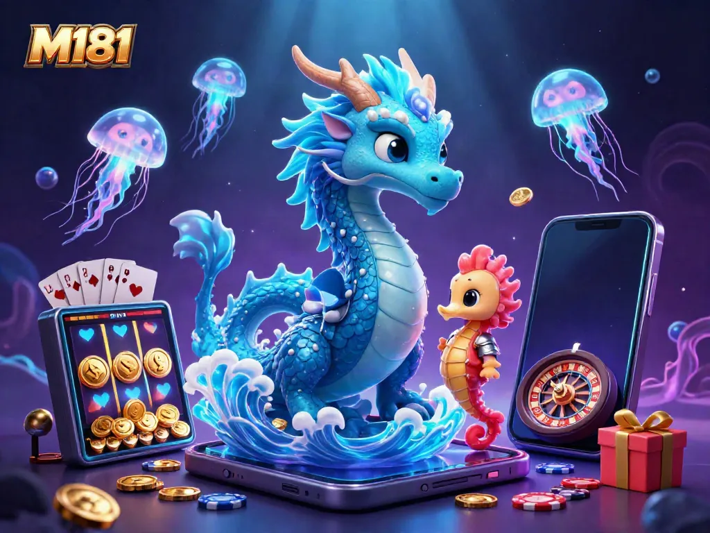 Experience exhilarating gaming adventures with M181's vibrant 3D underwater casino scene, featuring a majestic dragon and seahorse knight.