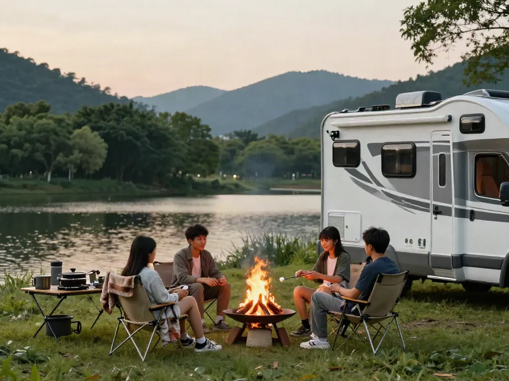 Lithium batteries for RV powering a family camping scene with an RV at a serene lakeside.