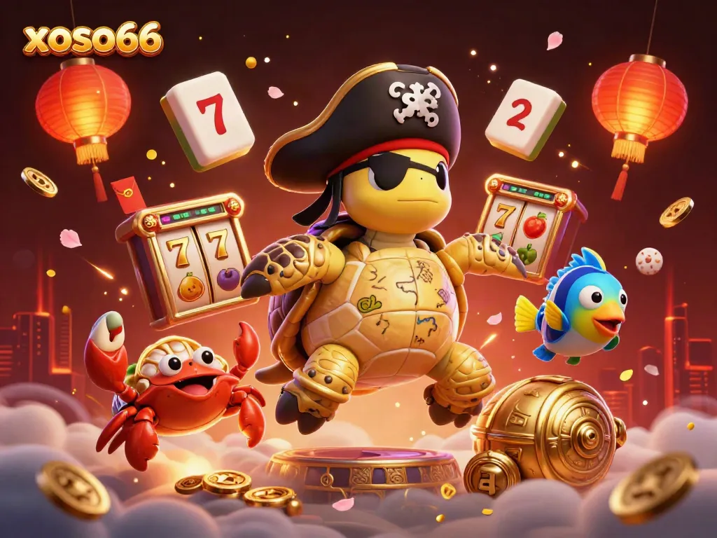 Experience thrilling slots at xoso66 with a pirate turtle, crab, and parrotfish in a treasure-filled scene.